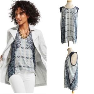 CAbi Sleeveless Printed Silk-Feel Blouse in White and Navy